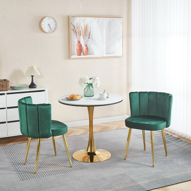 Modern dining chair set of 2 with iron tube legs, Green Fabric