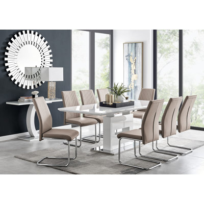 Areza High Gloss Extendable Dining Table Set with 8 Luxury Faux Leather Dining Chairs