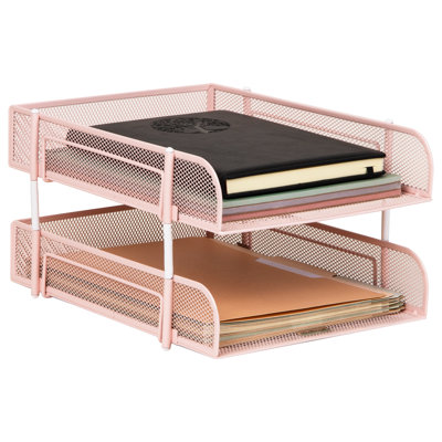 Bac à papier empilable à 2 niveaux, organisateur de bureau en maille métallique pour dossiers, documents et courrier, rangement pour bureau, rose