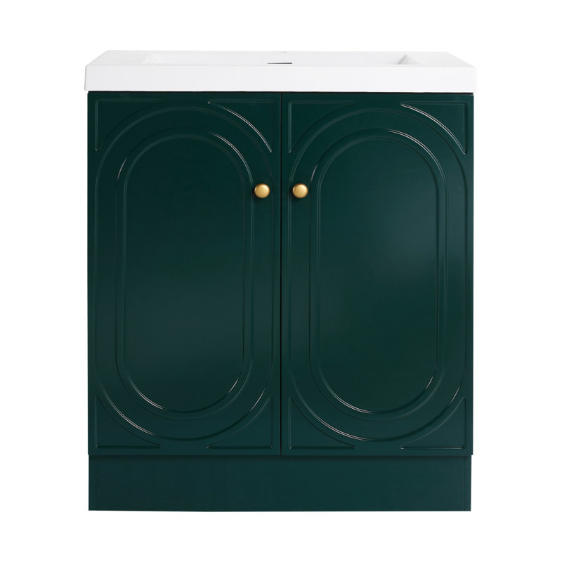 Meuble-lavabo autoportant avec lavabo en résine et 2 portes d'armoire, meuble-lavabo, Vert foncé, Or
