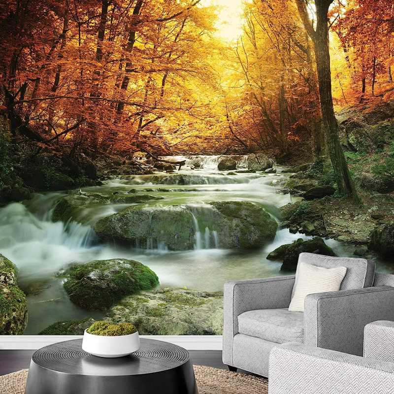Murale à peindre paysage doré feuilles dorées et forêt, L 100 po x l 144 po