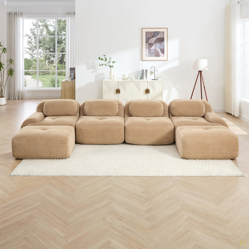 Canapé modulaire en U sans assemblage Tissu en velours côtelé respirant 32D à haute résilience, accoudoirs courbés extra larges, conception ergonomique adaptée aux animaux de compagnie pour les salons