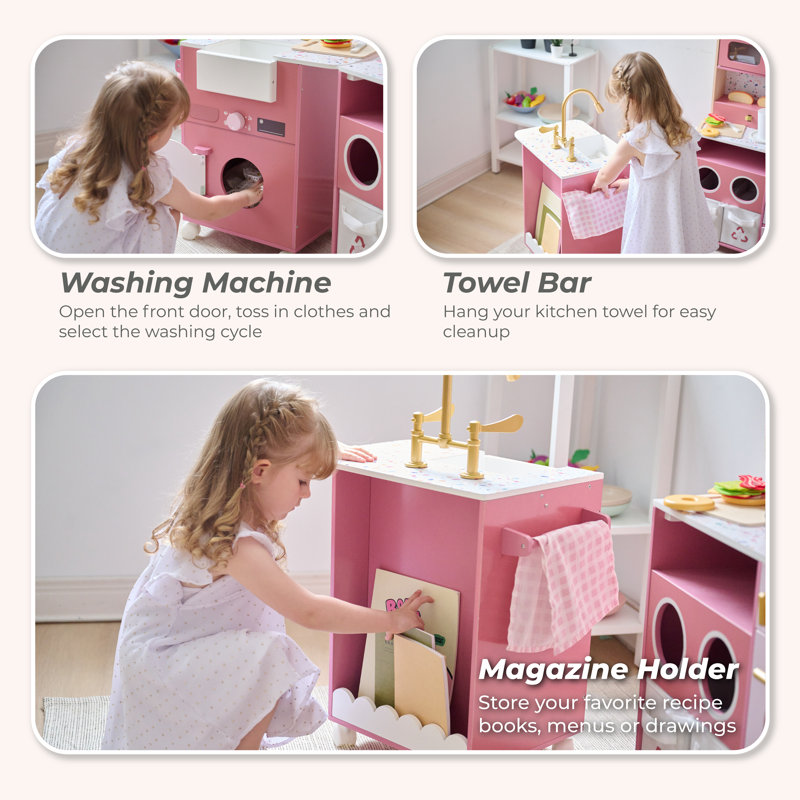 Teamson Kids Little Chef Savannah 3-Piece Modular Wooden Pretend Play Kitchen With 21 Accessories, Pink