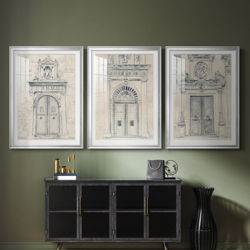 Doors of Valencia I - Impression sur mesure encadrée de qualité supérieure - 3 pièces, H 15 po x l 19 po, Argent argent