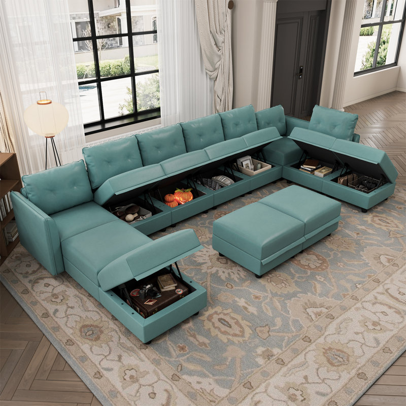 Canapé rembourré 163 po avec repose-pieds, Mélange de polyester vert sarcelle