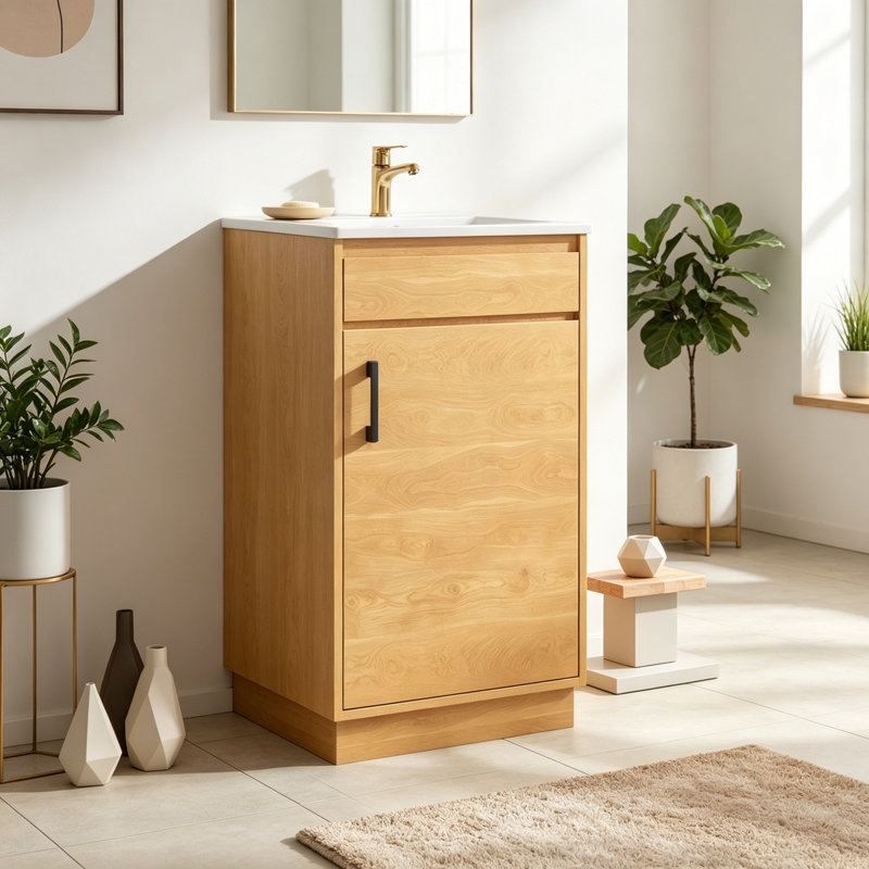 Meuble-lavabo de salle de bain avec lavabo en céramique, porte à fermeture douce et tablette réglable