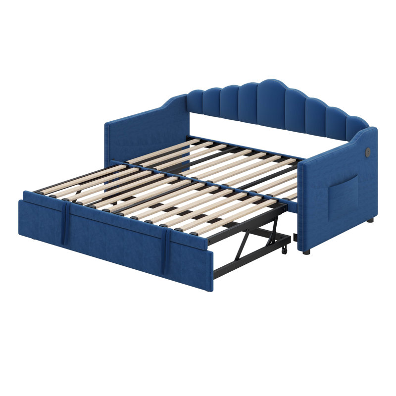 Lit de jour rembourré simple avec couchette escamotable réglable en hauteur et port de charge USB et Type-C, 2 poches latérales