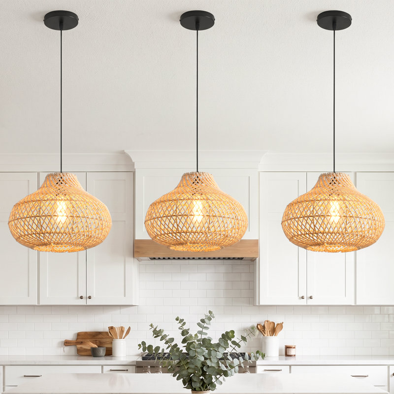 19" Boho Natural Handwoven Rattan Dimmable 1-Light Single Pendant Light