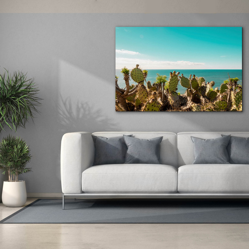 Toile épique «Cactus admirant l'océan» par Elena Chukhlebova, 60 po x 40 po, H 40 po x l 60 po