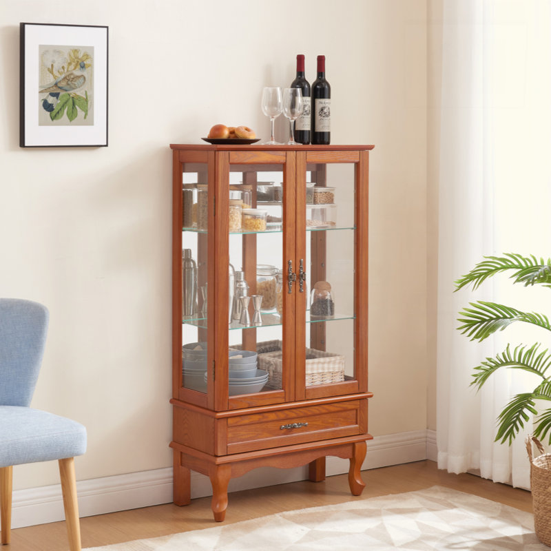 Lighted Glass Display Cabinet Glass Wine Cabinet Curio Display Cabinet With Adjustable Glass Shelves Two Doors And One Drawer Bulb Included For Home Decor And Storage