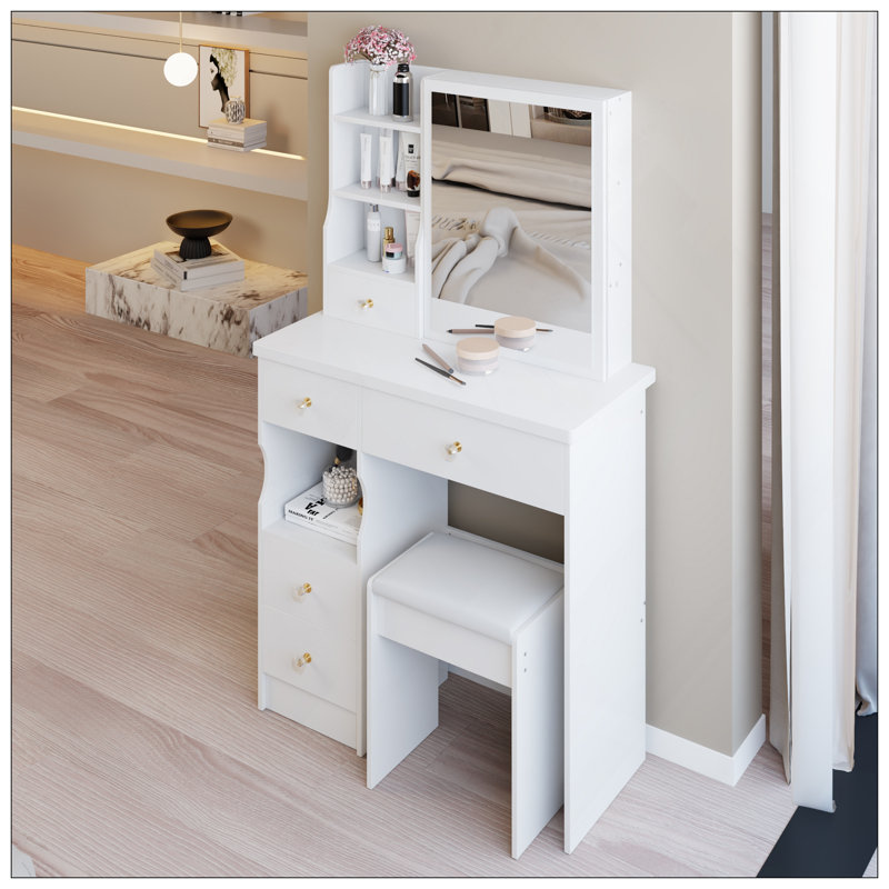 Petit meuble-lavabo de 29,2 po avec tabouret de bureau et tabouret rembourré, très grand miroir coulissant à droite, rangement multi-couches à grande capacité, commode pratique et pratique, convient aux petits espaces