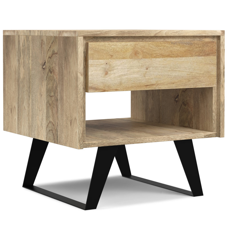 Lowry 22"W Solid Acacia Wood Modern Industrial Square End Table with Drawer, Open Shelf and Angled Legs, Natural Wood