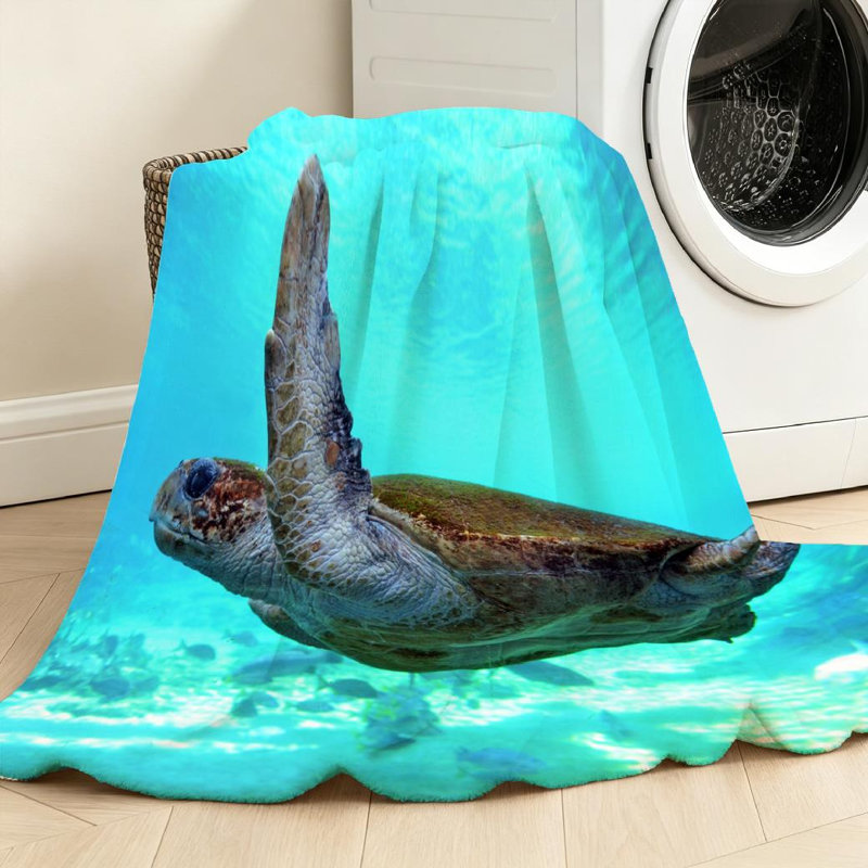Jeté en flanelle bleue ultra douce, imprimé tortue de mer verte, Jeté 50 po x 60 po