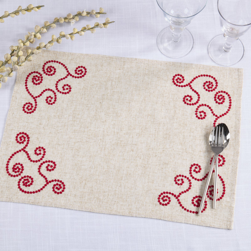 Napperons brodés à volutes en lin (ensemble de 4) - Napperons décoratifs de style campagnard avec broderie d'angle pour les repas de tous les jours, les tables de cuisine et les réceptions