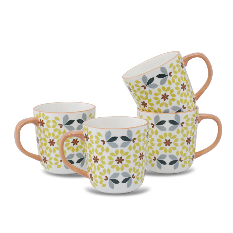 Tasses à café à motif floral, tasses à thé en porcelaine tendre avec poignées colorées, ensemble de 4, Jaune