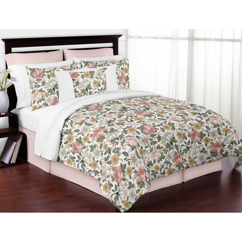 Pink and Green Floral Microfiber Full Bedding Set