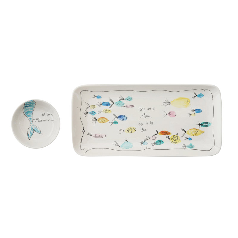 Coastal Stoneware Serving Platter and Dip Dish with Mermaid and Sea Life Illustrations