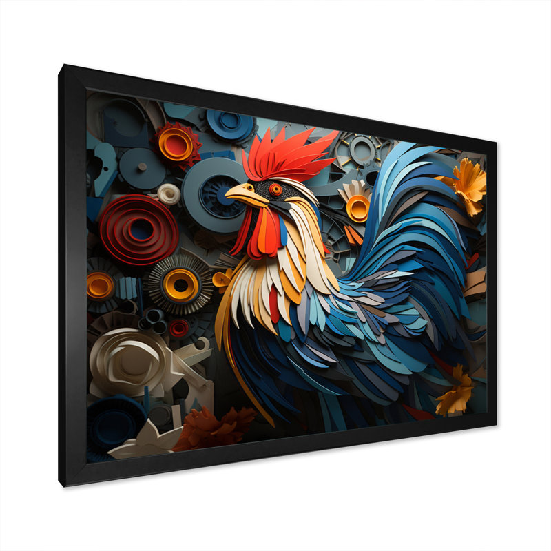 Portrait de coq sur fond géométrique sur toile, Cadre simple noir, H 34 po x l 44 po x P 1,5 po