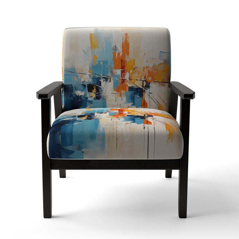 Paper Euphoria I - Upholstered Midcentury Modern Arm Chair, Blue, Black