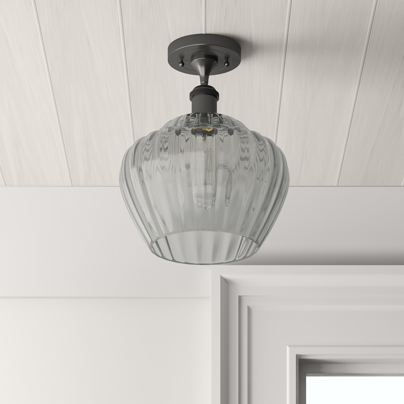 Renee Single Light Glass Semi Flush Mount, Incandescent, Matte Black, Clear