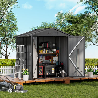 Remise de rangement extérieure en métal Comhoma, remise à outils à portes verrouillables avec toit incliné, remise de jardin en acier avec évent pour cour arrière, patio, pelouse, bord de piscine (gris, 6 pi x 4 pi)