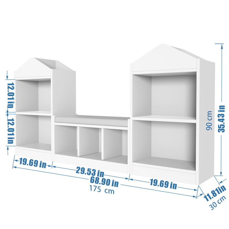 White Wooden Kids Bookshelf with Reading Nook and Storage Cubbies