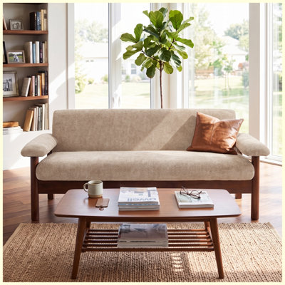 Canapé moderne de 177 cm (69,9 po) en chenille, accoudoirs rembourrés, dossier capitonné, pieds en hévéa, coussin unique, canapé de salon, brun clair