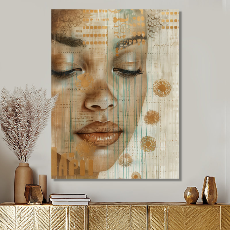 Vert et brun, Zen Boho, Portrait de femme II - Art bohème mural, Toile tendue, H 20 po x l 12 po x P 1 po