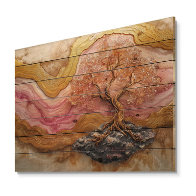 Arbre de vie en marbre rose doré infini II - arbre de vie, décoration murale en bois - sur bois de pin naturel