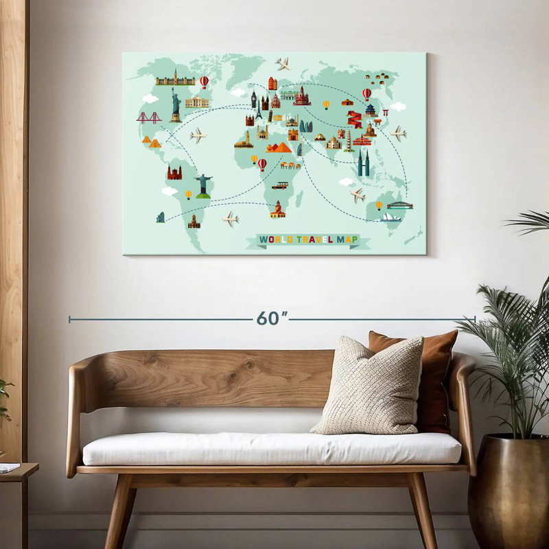 Carte du monde des sites célèbres Aliaz, H 30 po x l 45 po