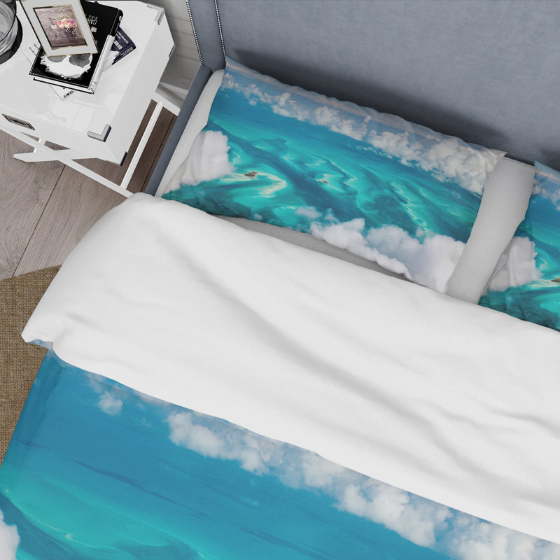 Ensemble de housse de couette en microfibre turquoise / blanc, Housse de couette pour grand lit et 2 taies décor