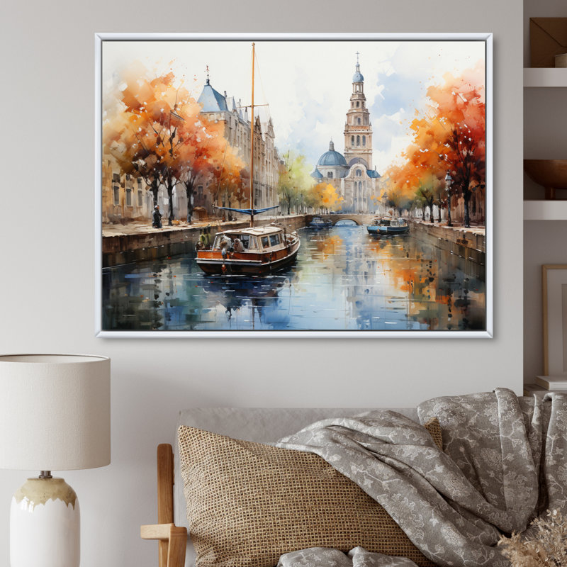 «Orange Canal Impressionistic Canal Loose», reproduction sur toile, H 30 po x l 40 po x P 1,5 po, Cadre flottant noir