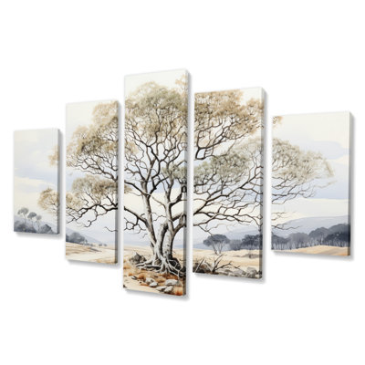 Arbre harmonie encre monochrome - Art mural sur toile florale - 5 panneaux