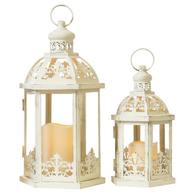 Lanternes décoratives d'extérieur et d'intérieur, ensemble de 2 lanternes en métal beige (15 "et 11"), porte-bougie pour porche, patio, jardin, automne, mariage, Noël, centre de table