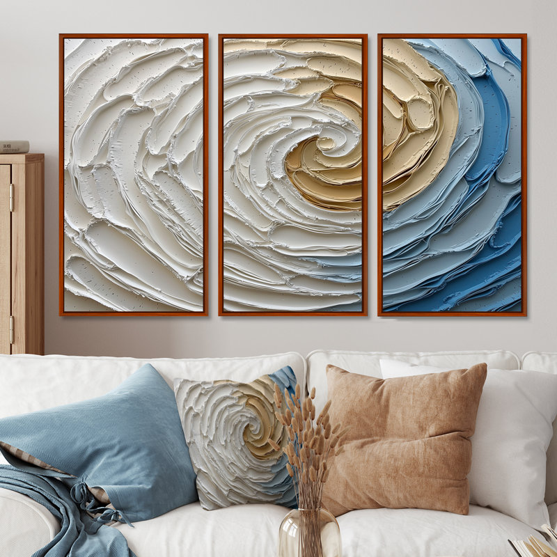 «Blue and White Spiraling Hearts II», ensemble d'art mural à spirales abstraites, Toile avec cadre flottant brun