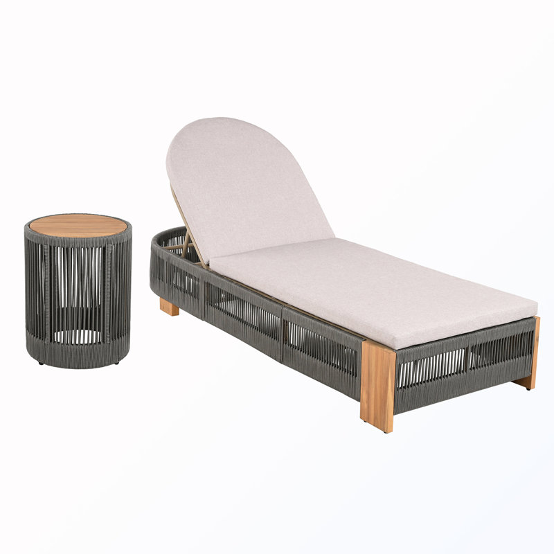 Ensemble de chaise longue d'extérieur en corde avec table d'appoint, coussins et dossier réglable, Gris