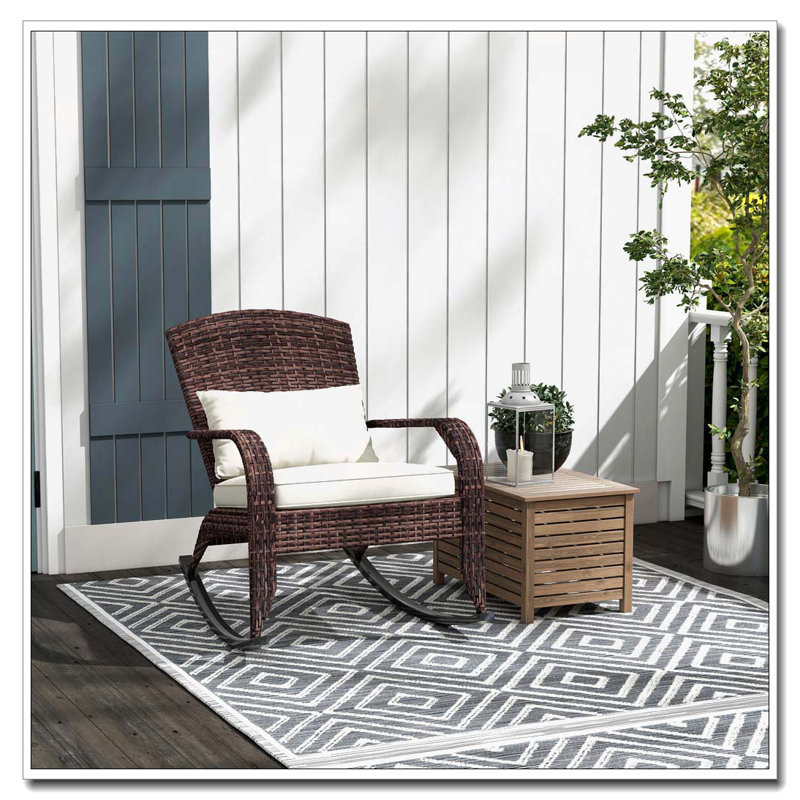 Chaise berçante d'extérieur en osier et rotin, Blanc, crème, Brun