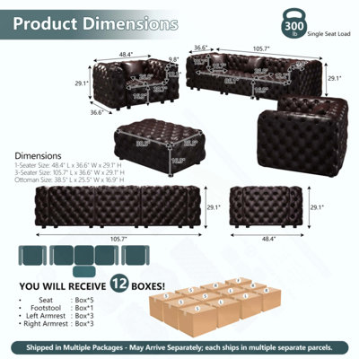 Ensemble de canapé moderne, canapé modulaire rembourré en similicuir 5 places avec conception touffetée à la main pure, 1 repose-pieds et 5 coussins, combinaison multiple pour le salon