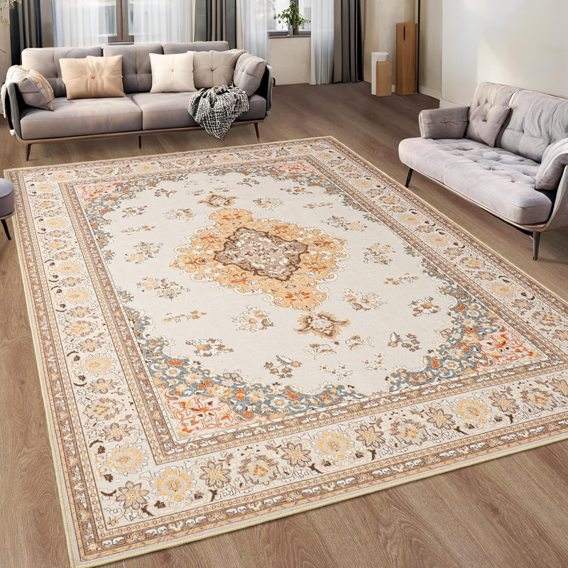Ultra-soft, low-pile, vintage print decorative rug, washable, non-slip, Rectangle 4' x 6'