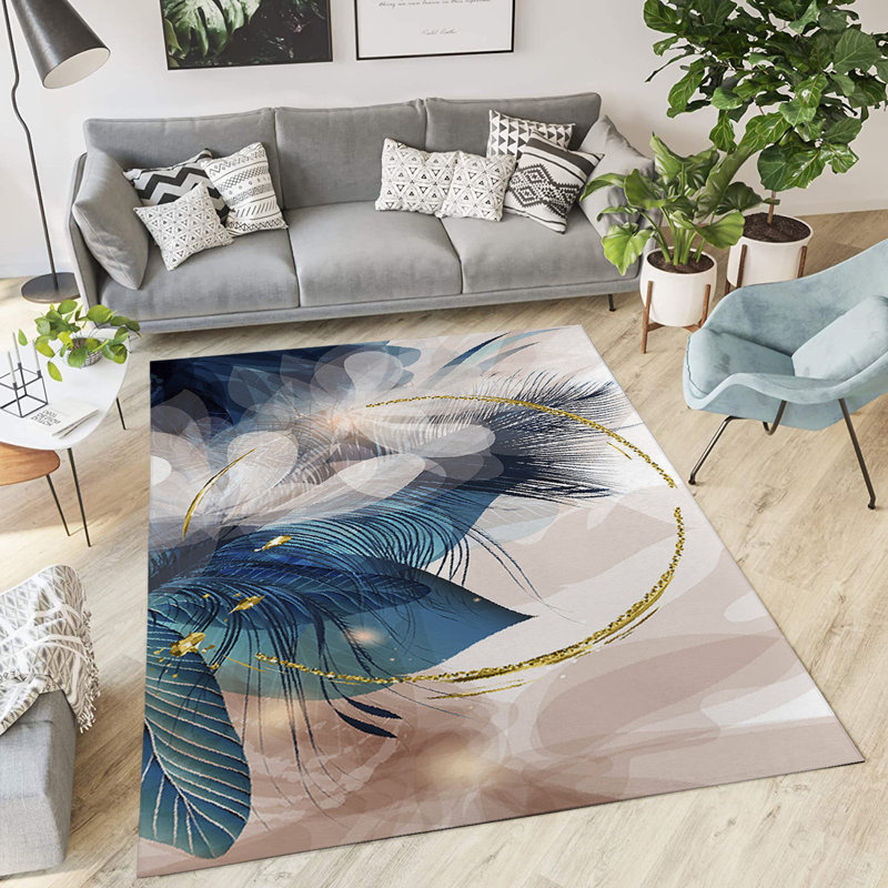 Tapis bleu / crème en polyester tissé à la machine, Rectangle 3 pi x 5 pi