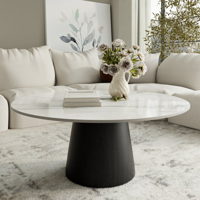 Table basse ronde en pierre et table basse en bois