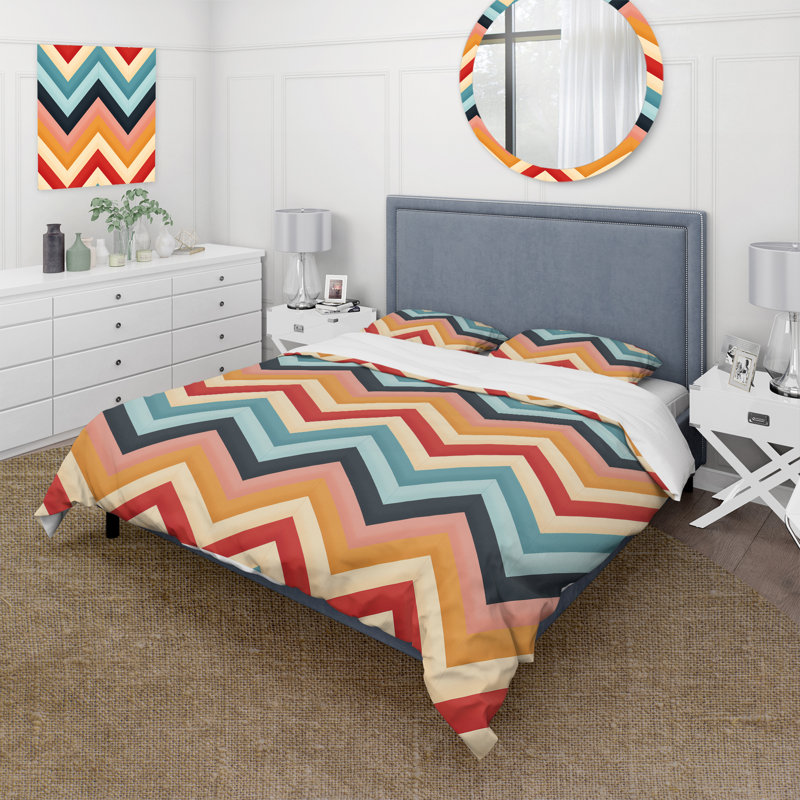 Ensemble de housse de couette rétro en microfibre orange / beige / bleu à motif de chevrons Midcentury II