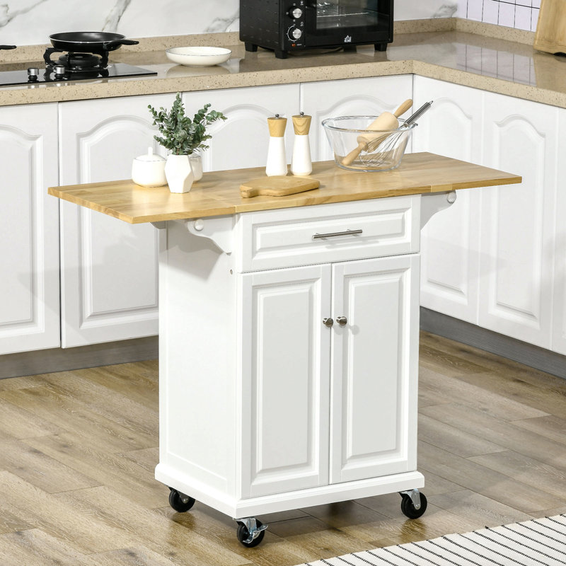 Kitchen Island With Drop Leaf Trolley Cart On Wheels Drawer Cabinet Towel Racks Versatile Use Natural Wood Top And White