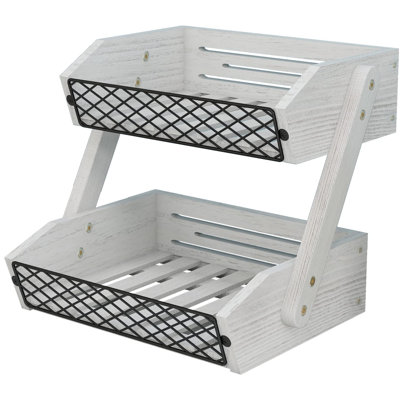 Fruit Basket for Kitchen Counter Organizer,Fruit Bowl Stand Storage, 2 tier Rustic White Vegetable Holder,Wood Bread Display Rack,Kitchen Countertop Organizer Shelf for Snack,Onion,Banana,Potato