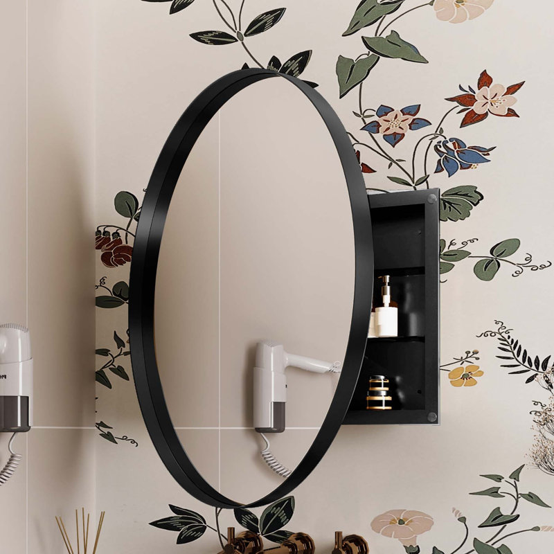 Élégante armoire de rangement pour salle de bain avec miroir et tablettes réglables, Noir, noir, noir, noir