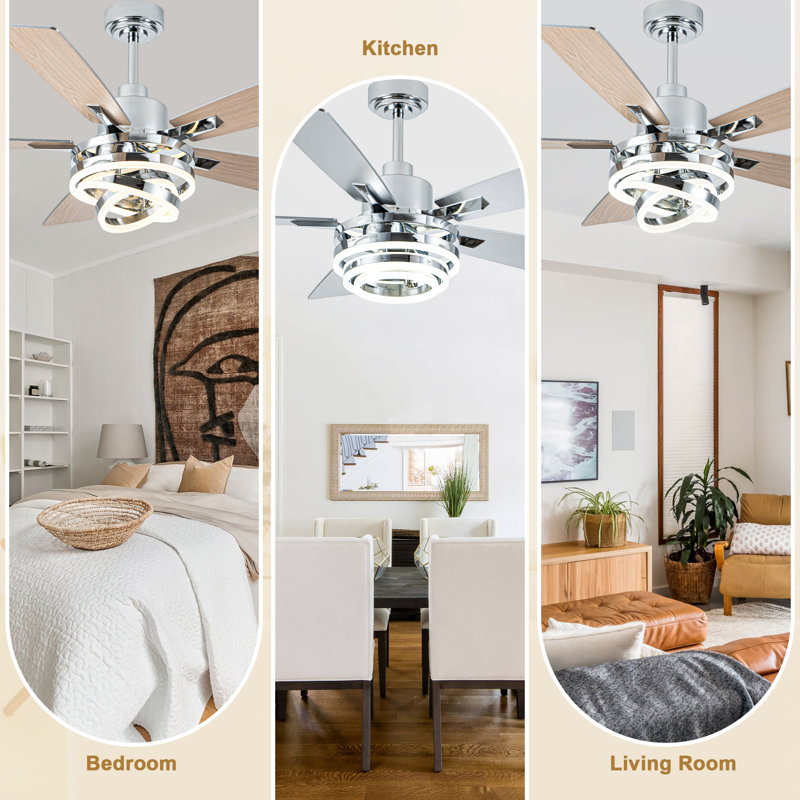 Eustolio 52" Chrome Modern Ceiling Fan with Lights and Remote, 6-speed Reversible Fandelier Dimmable Ceiling Fan for Living Room
