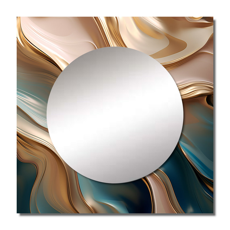 Miroir mural de salon Tender Wave Harmony or liquide et turquoise I - Formes abstraites, 29 po x 29 po