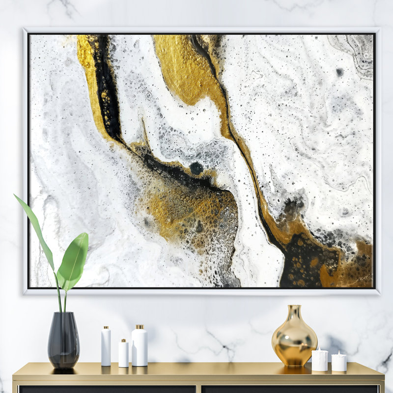 Or et noir sur marbre acrylique blanc - reproduction d'art sur toile, Cadre flottant blanc, H 12 po x l 20 po x p 1 po