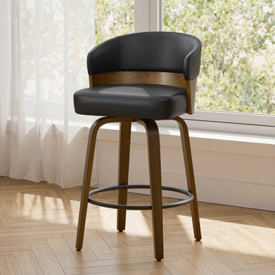 Mid-Century Modern Walnut Bentwood Swivel Bar Stool With Thick Cushioned Seat & 350 Lbs Capacity