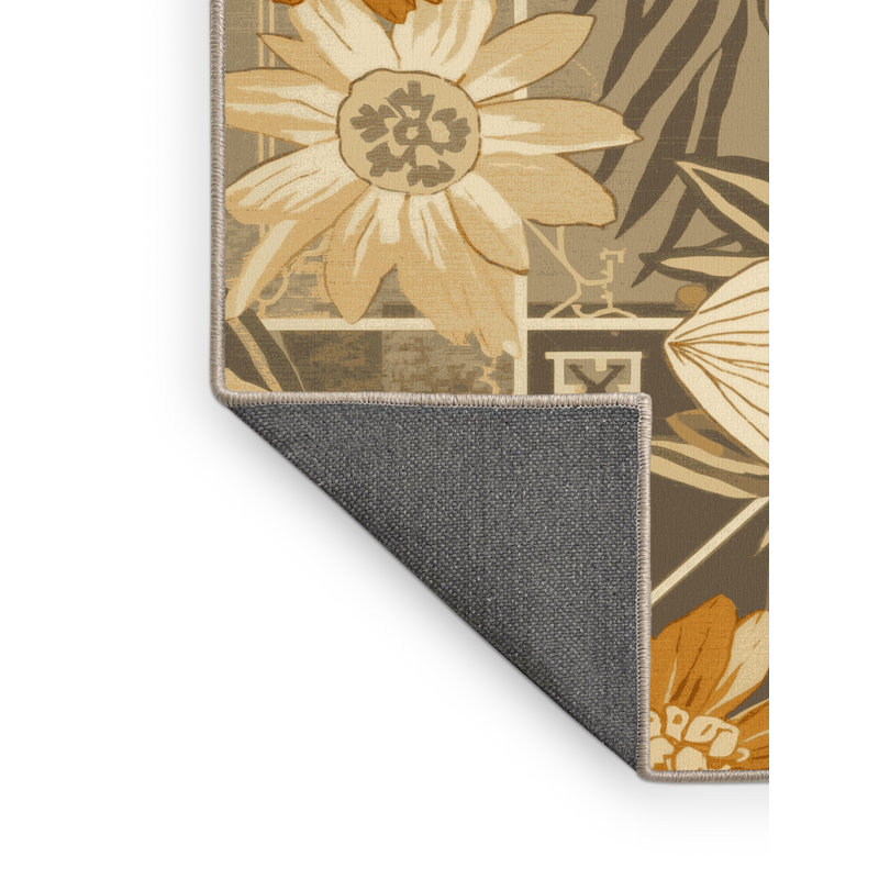 Tapis floral doux et moelleux à motif floral BCBG en beige - reliure beige, 5 x 7